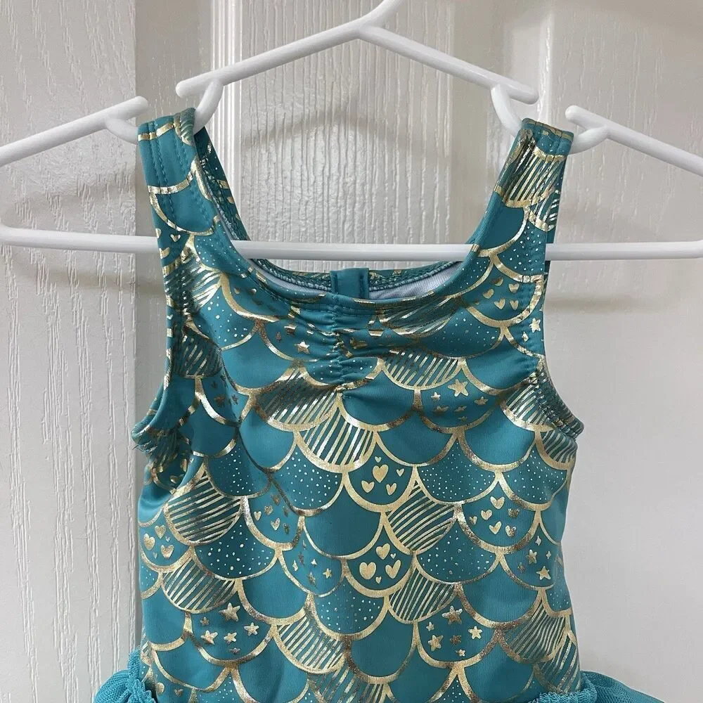 Cat & Jack Teal and Gold Mermaid Tulle Tutu One Piece Swimsuit Girls 12 Months